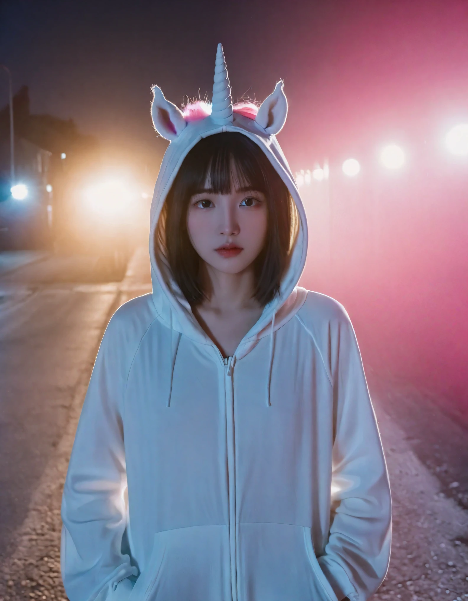 The scene is set under the cover of night, imbued with an eerie ambiance and the aesthetic of analog photography, complete with a film grain texture. A solitary figure, clad in a unicorn onesie - white with accents of pink, dominates the frame. The costume, which includes a headpiece obscuring the person’s face, suggests a youthful adult physique, with the gender left ambiguous. The figure is illuminated by the stark flash of a camera, casting a soft glow and creating a surreal contrast against the dark, shadowy background that hints at a rural or deserted road. Speckled lens flares, possibly from rain or dust particles, add to the enigmatic atmosphere. The slight overexposure from the camera flash against the reflective material of the costume enhances the surreal and enigmatic feel, evoking influences from the horror or fantasy genre.