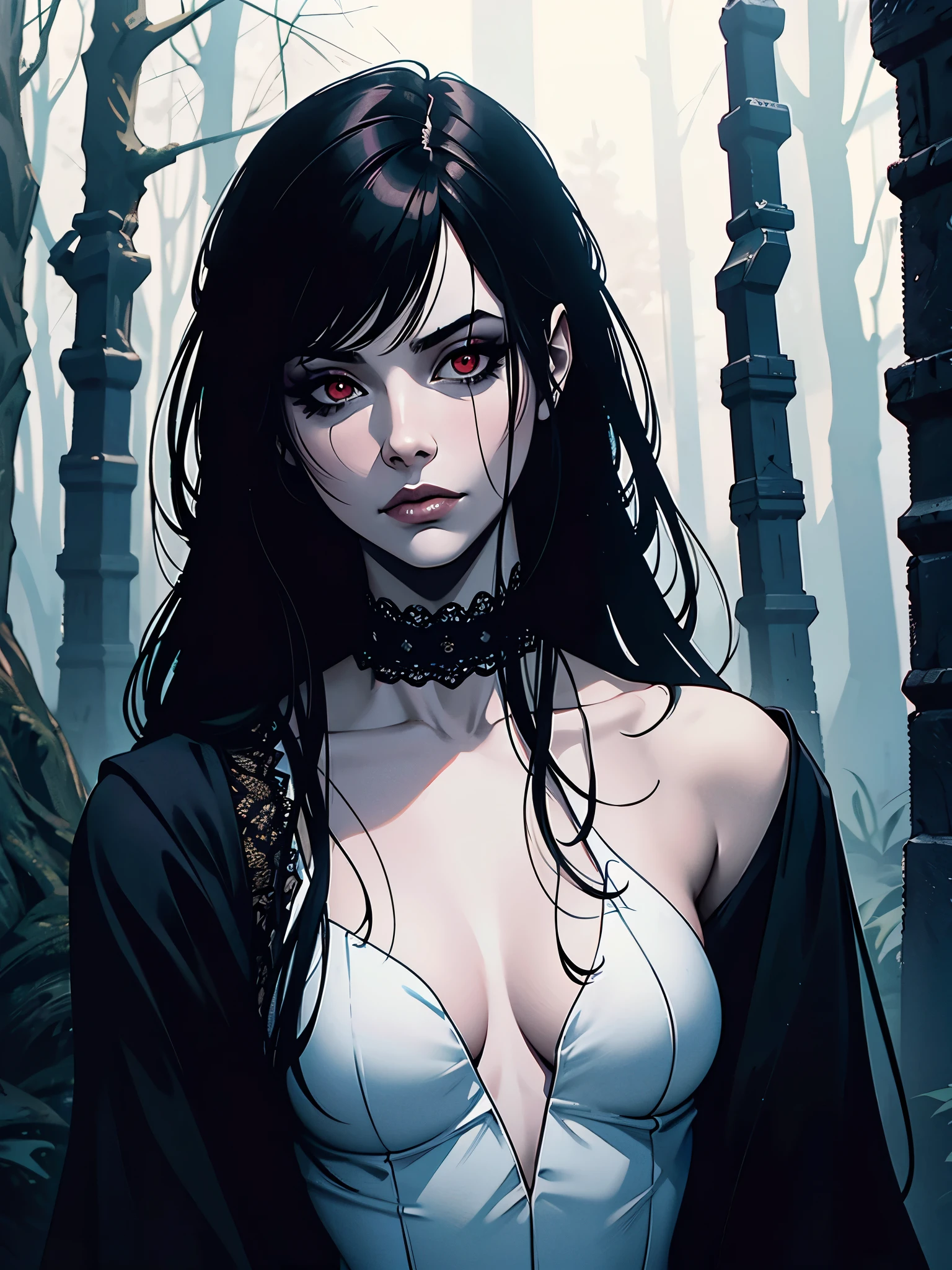 (best quality,4k,8k,highres,masterpiece:1.2),ultra-detailed,(realistic,photorealistic,photo-realistic:1.37),goth korean girl, gothic,1woman,dark forest,red eyes,dark ambient,low saturation,anime style,pale skin,long flowing hair,gothic clothing,silhouette,surreal background,mysterious atmosphere,intense emotions,melancholic expression,lens flare,dramatic shadows,symbolic elements,heavy makeup,pale and dark colors,misty fog,ethereal beauty,subtle texture, dark makeup, back shot , full body