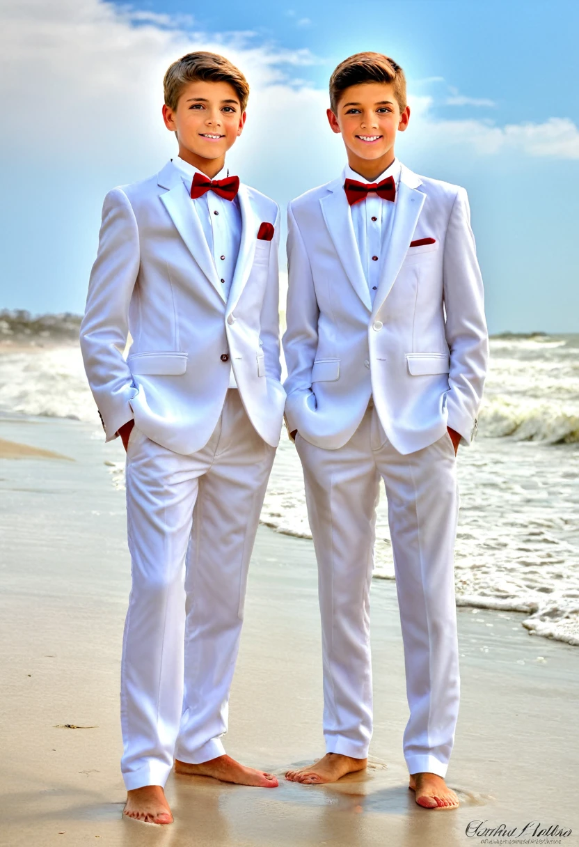 Beautiful and realistic 14 year old boys in tuxedos on the beach, caras ultra detalladas, Red de voleibol en segundo plano., fotorrealista mejor calidad hdr