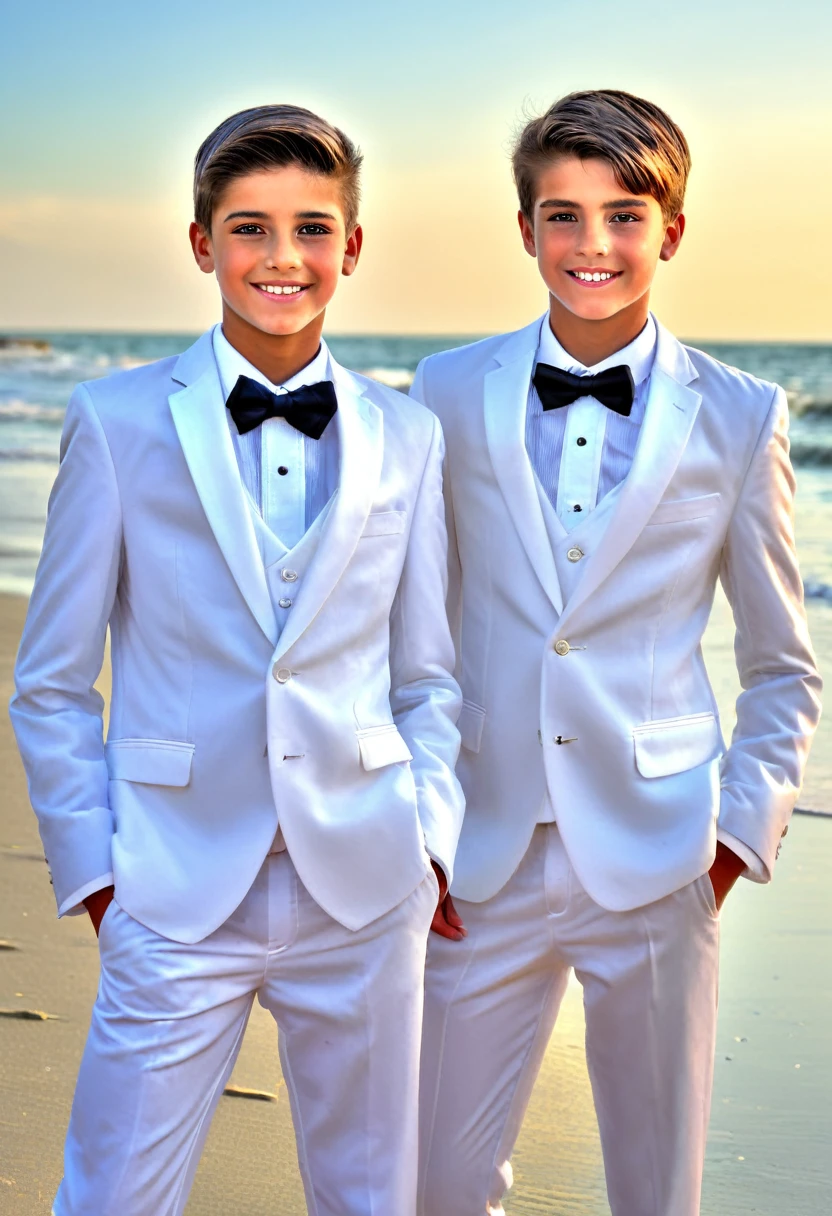 Beautiful and realistic 14 year old boys in tuxedos on the beach, caras ultra detalladas, Red de voleibol en segundo plano., fotorrealista mejor calidad hdr