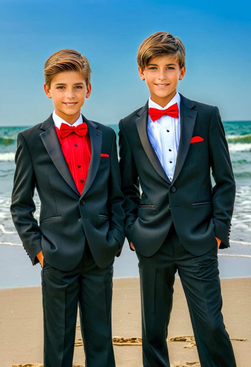 Beautiful and realistic 14 year old boys in tuxedos on the beach, caras ultra detalladas, Red de voleibol en segundo plano., fotorrealista mejor calidad hdr