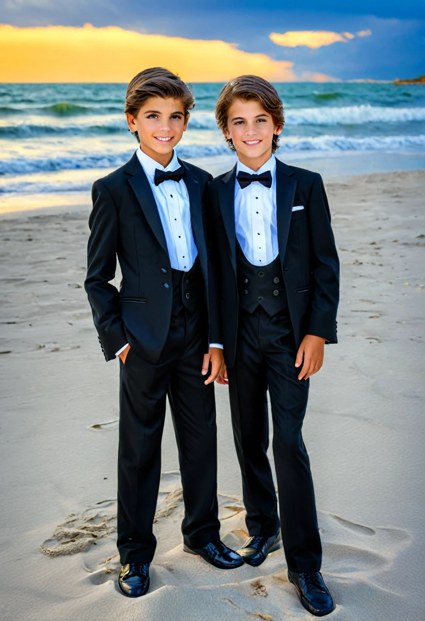 Beautiful and realistic 14 year old boys in tuxedos on the beach, caras ultra detalladas, Red de voleibol en segundo plano., fotorrealista mejor calidad hdr