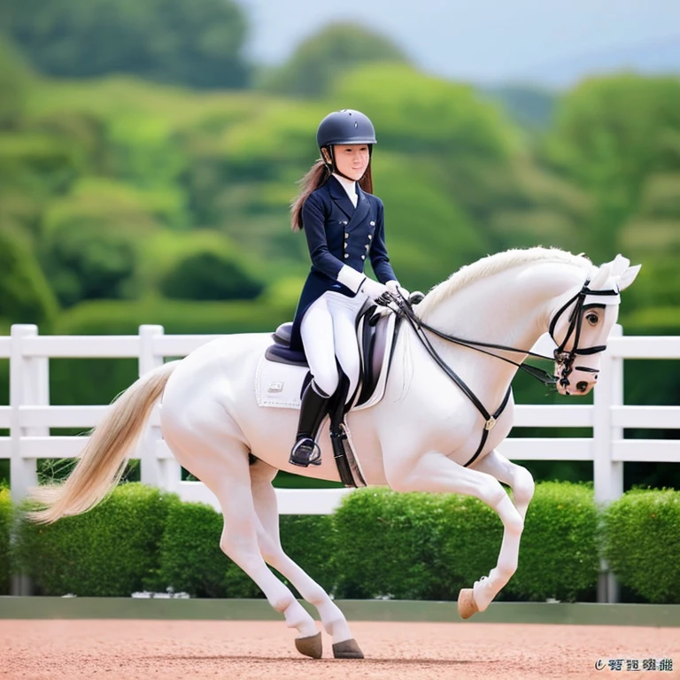 A young Japanese woman with long, straight hair、He is wearing a pure white riding uniform and is competing in dressage.。This scene is in photorealistic style.、Expressing color detail and vibrancy。Full body image