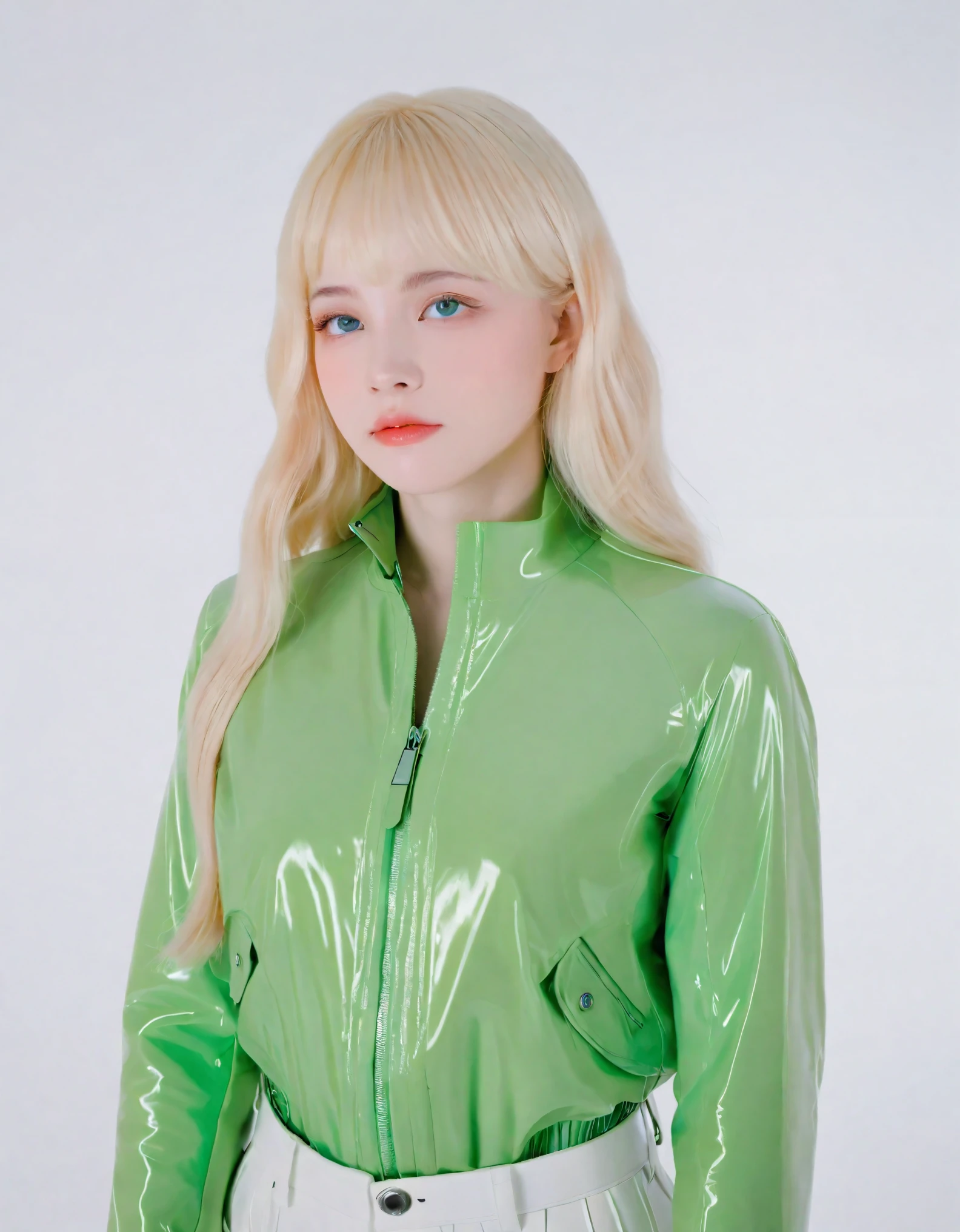 A solitary girl with blue eyes and long blonde hair stands against a solid white background. She is portrayed in a masterpiece style, reminiscent of Watson’s detailed work. The girl wears a fluorescent green jacket and a white rubber skinsuit with a rubber gloss agent, paired with white pants. Her cheeks are adorned with a hint of blush, adding a subtle touch of color to the monochromatic theme of the scene. The focus is on her very detailed features and attire, set against the simplicity of the solid color background.