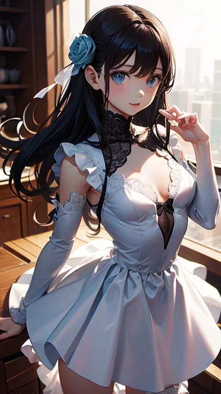 masterpiece, highest quality,健全なphotograph、 One girl, View your viewers, Small waist, RAWphotograph,Beautiful fingertips、 Ultra-realistic, High resolution, photograph, Sharp focus, Most detailed, Very detailed, Super detailed, In detail, Very detailed目と顔、Idol、Thighs, beautiful girl,View your viewers, Small waist,Symmetrical face, whole body、White lace dress、No sleeve、White lace micro skirt、White lace knee socks、Cleavage、Large Breasts、Long Hair、はだけたThighs、Beautiful navel、美しいCleavage、The bouncing breasts、Fun laughs、Put your hands up、Tokyo Disney Sea