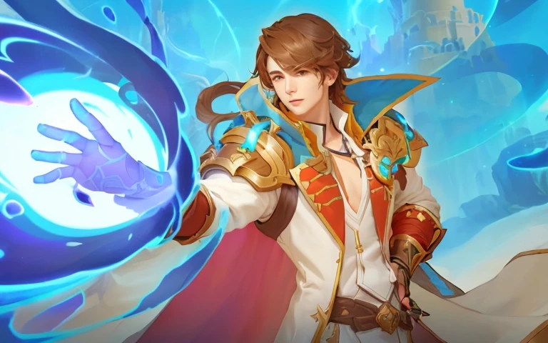 Realistic photo a person holding a ball with a hand, mobile legends character, Xavier from mobile legends, picture of a male cleric, style of duelyst, granblue fantasy, desert fighter ancient mage, skinny male fantasy alchemist, arcane art style, skinny male mage, With blue eyes