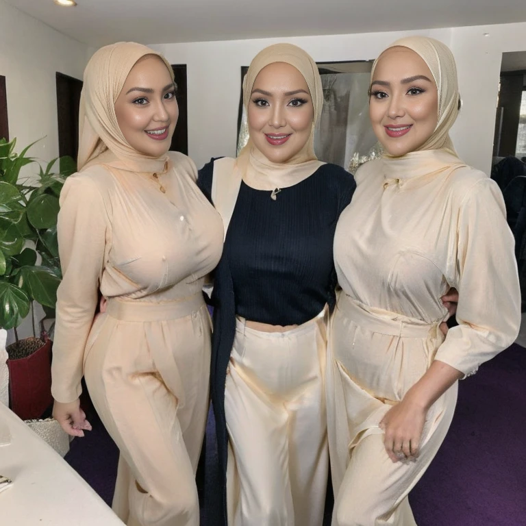 30 years Old , 3 woman, Hijab Indonesian Beautiful woman, laurenphillips and MiraFilzah and Siti.ai posing side by side, Massive Gigantic Saggy Breast : 8, Tight Gamis, sexy but tight attire accentuate body curves, Busty Body, Realistic Perfect Six Pack abs : 2.6, lingerie, smile seductively, bend over office table, Breast about To burst out from her clothes, high heels, at office, Dark light, at Nighttime
