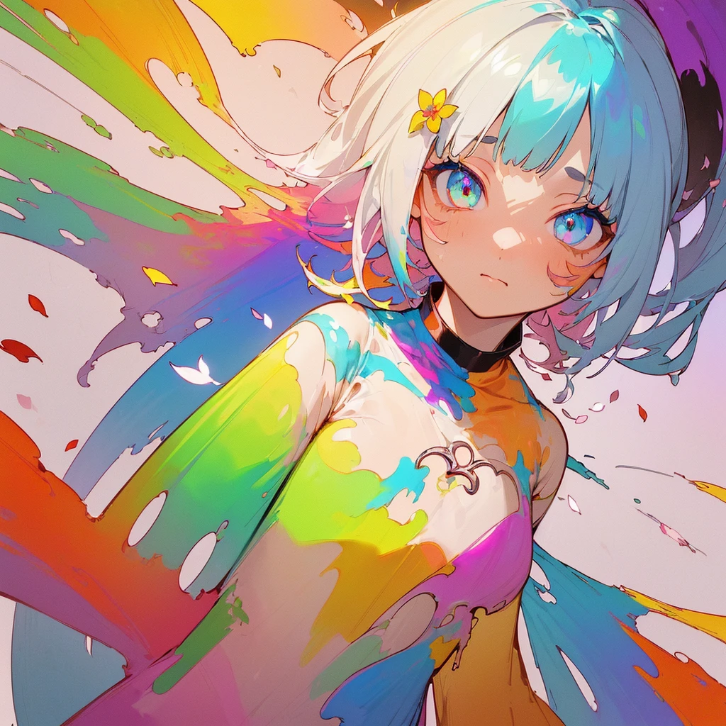 (Colorful hair: 1.8), (all the colours of the rainbow: 1.8),(((((Vertical Painting：1.6))), （Painting：1.6），front, comics, Illustrations, Painterly, Large eyes, Crystal clear eyes,（ rainbow color gradient high ponytail：1.7）, Exquisite makeup, Closed mouth,(Small fresh: 1.5),(Wipe Chest: 1.6) ，long eyelashes, white off shoulder T-shirt,  White shoulder shirt，gaze at the audience, Large watery eyes, (rainbow-colored hair：1.6), Color splash, （Solo：1.8）, Color splash, Color explosion, Thick paint style, Messy lines, ((Shining))，(Colorful), (Colorful), (Colorful), Colorful, Thick paint style, (Splash) (Color splash), Vertical Painting, Upper body, Paint splashes, Acrylic Pigment, gradient, paint, Highest image quality, Highest Quality, masutepiece, Solo, depth of fields, Face Paint,  colourful clothes, (Elegant: 1.2), Gorgeous,Long hair, Wind, (Elegant: 1.3), (flower petals: 1.4)，(((masutepiece))),(((Best Quality))),((Ultra-detailed)),(Illustration),(Dynamic Angle),((floating)),(paint),((disheveled hair)),(Solo),(1girl in) , (((Detailed anima face))),((beautifull detailed face)),Collar,Bare shoulders,White hair, ((Colorful hair)),((striated hair)),Beautiful detailed eyes,(Gradient color eyes),(((Colorful eyes))),(((Colorful background))),(((High color saturation))),(((Surrounded by colorful splashes))),