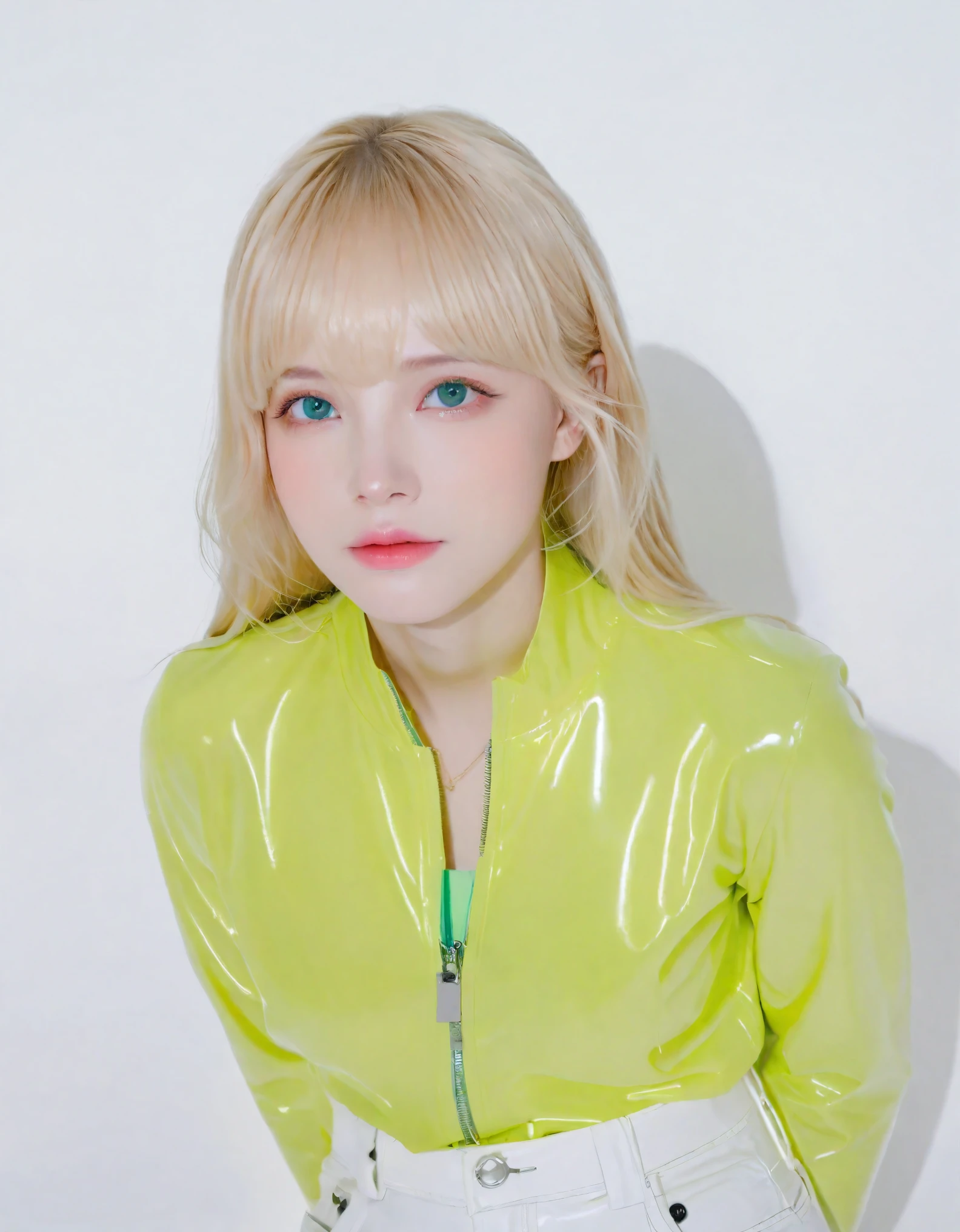 A solitary girl with blue eyes and long blonde hair stands against a solid white background. She is portrayed in a masterpiece style, reminiscent of Watson’s detailed work. The girl wears a fluorescent green jacket and a white rubber skinsuit with a rubber gloss agent, paired with white pants. Her cheeks are adorned with a hint of blush, adding a subtle touch of color to the monochromatic theme of the scene. The focus is on her very detailed features and attire, set against the simplicity of the solid color background.