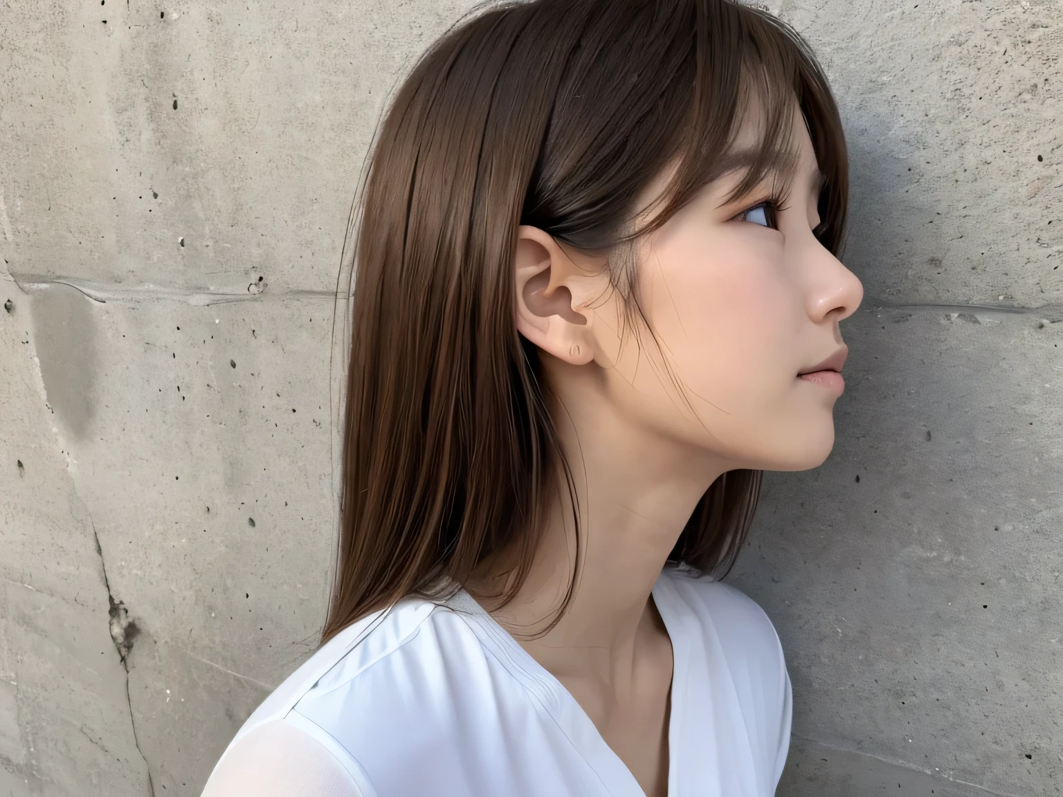 White shirt,Concrete wall with plain background,Light Brown Hair,Realistic skin texture,Slightly rough skin,Cute face,Japanese woman in her 20s,Medium hair over the shoulders ,Realistic skin texture,Profile of a person looking down,