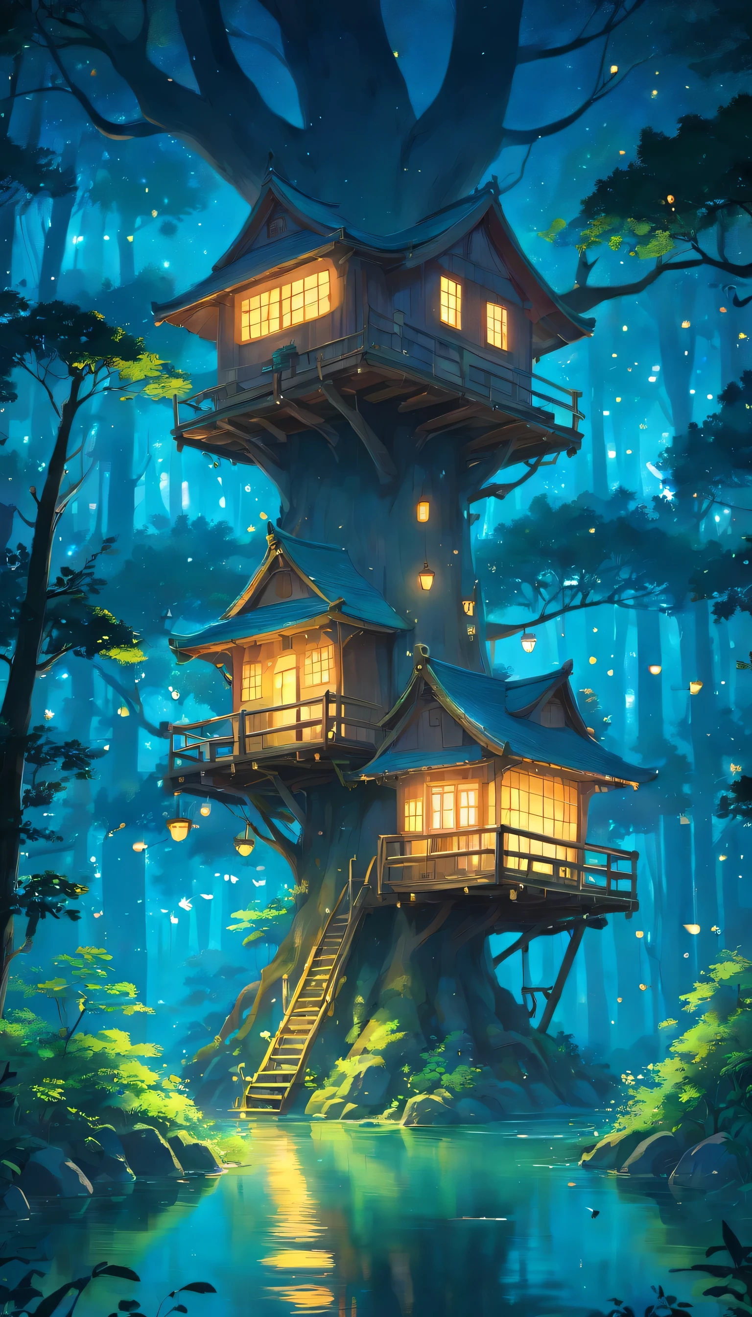 Tree house in the forest from distant view, forest scenery, nature, animes, no humans, night, fireflies, rivers, sky, pond