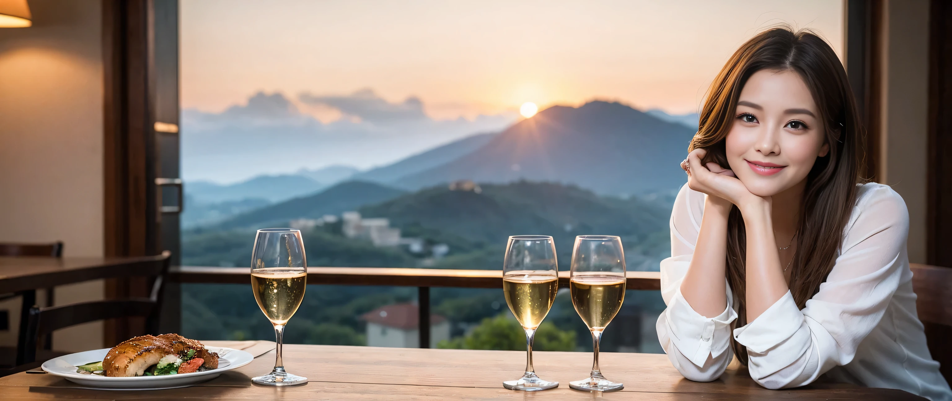 ((highest quality、8k、masterpiece:1.3))、Beautiful woman perfect body:1.4、2 women、Slim body、((Bob Hale、Straight hair:1.2))、 Ultra-high resolution, Bright image、2. The beauty of wine, Beautiful Face, blue eyes, Beautiful Eyes, The light shines on your face, Blushing your nose, short hair,Amazing view of the sunset sky and clouds、Amazing mountain views、A bright smile、A lovely woman with a smile、Bright Face、Fox face、Lady、Champagne、Wine bottle、wine glass、red wine 、Appetizers、Italian food、Two beauties、Brown Hair、Shortcuts、Long sleeve shirt、Winter Fashion、dress、Wine bottle、sparkling wine、Pretty Woman 1, (Slim face), (Brown Hair), (Shortcuts), cheeks turn a little red, (36 years old), 39 years old, Attractive beauty、restaurant, Nova Frog Style, actress, model, Upper Body, White wine, slim, wine glass, A wine glass placed in the middle, smile, (smile: 1.15), Beautiful Eyes, Strong light and shadow,Moist Body:1.5、Delicate eyes、Brown Hair、The hair is very shiny、