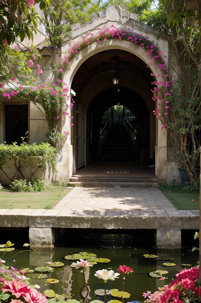 Generate an image that represents a beautiful bougainvillea flower garden. The image should depict a lush garden filled with vibrant bougainvillea flowers in various shades of pink, purple, and red. The flowers should be in full bloom, with their papery bracts creating a stunning display of color. The garden should also include other elements such as a winding path, a wooden bench, and a small pond with lily pads. The overall image should evoke a sense of tranquility and beauty