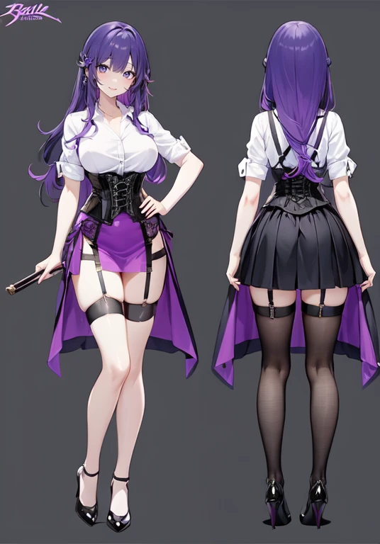 Purple hair,long hair,Adult female,(Bartender),((Body harness)),((Rolling up your sleeves shirt)),(Corset),(Tight skirt),((Garter belt)),(high heels),((Simple background)),Smile,((Full body)),((whole body)),Character Sheet,