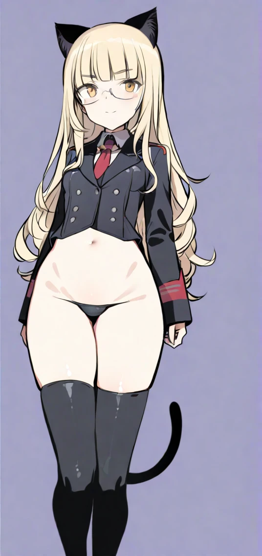 (8K, Best Quality, Ultra Detailliert, Highres, Absurdres, Perfect Anatomy:1.5, Masterpiece:1.5), (((Solo, 1 Cute Girl))), (((perrine h. clostermann, perrine clostermann))), (((Yellow Eyes))), (((Black Glasses))), (((Long Long Hair:1.2, Bangs, Blust Bangs, Blonde Hair))), (((Black Cat Ears, Black Cat Tail))), (Slender Body, Dwarf:0.8), (((Flat Chest or Small Breasts:1.0 or Small Breasts:1.5))), ((Big Hips:1.1)), (Smile:0.8), (((Bikini))), (Full Body), ((Sexy Pose, Bewitching Pose)), ((Simple BackGround, White BackGround, Warm Colour BackGround)), (On All Fours:1.3), 