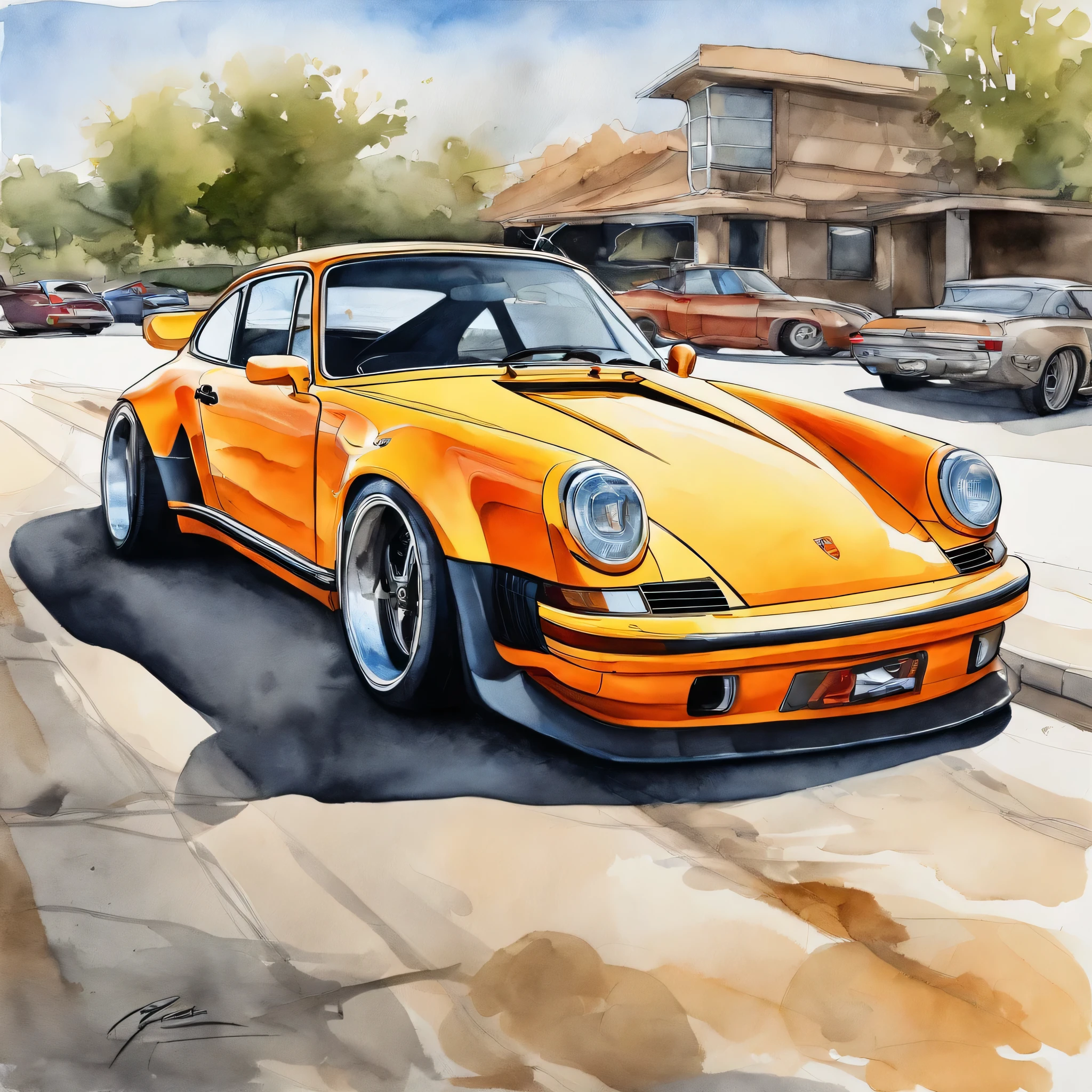 Porsche 911 rwb, wide body, sketch,
cartoonish, comic strip, Chip Foose car rendering, chrome wheels, bagged, slammed to the ground, empty parkinglot, style dessin manga, couleur
