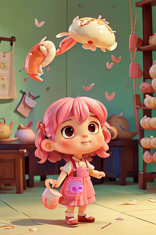 , cute, Guangdong morning tea, shrimp dumplings, shrimp, wearing an apron, holding a spatula in hand, light pink hair, IP, blind box