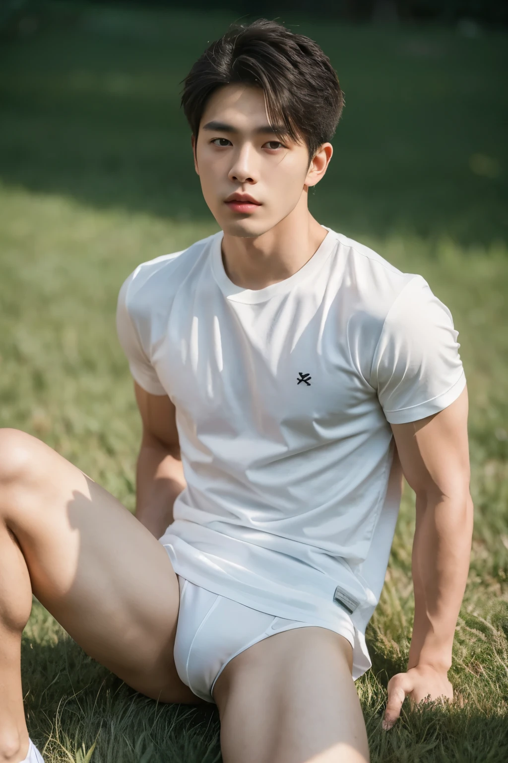 Asian muscular boy sitting on grass , wearing only white shirt, black micro thong, showing his naked thighs, muscular young male,, mid shot portrait, high quality portrait, Attractive pose, yanjun cheng, Inspired by Bian Shoumin, gorgeous young model, Casual pose, portrait a  25 - year - old boy, casual photography, Realistic. Cheng Yi, cute young man