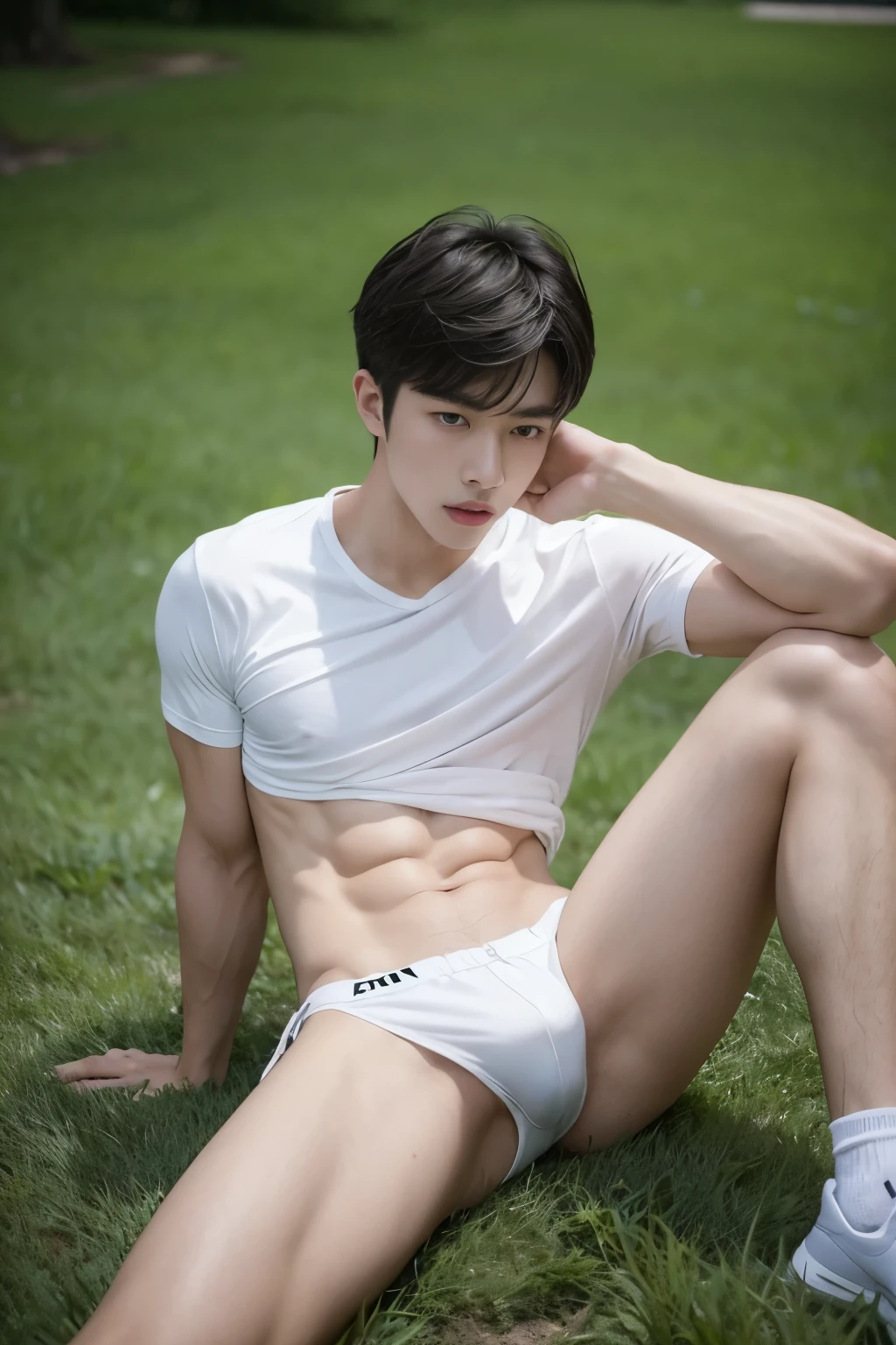 Asian muscular boy sitting on grass , wearing only white shirt, black micro thong, showing his naked thighs, muscular young male,, mid shot portrait, high quality portrait, Attractive pose, yanjun cheng, Inspired by Bian Shoumin, gorgeous young model, Casual pose, portrait a 25 - year - old boy, casual photography, Realistic. Cheng Yi, cute young man