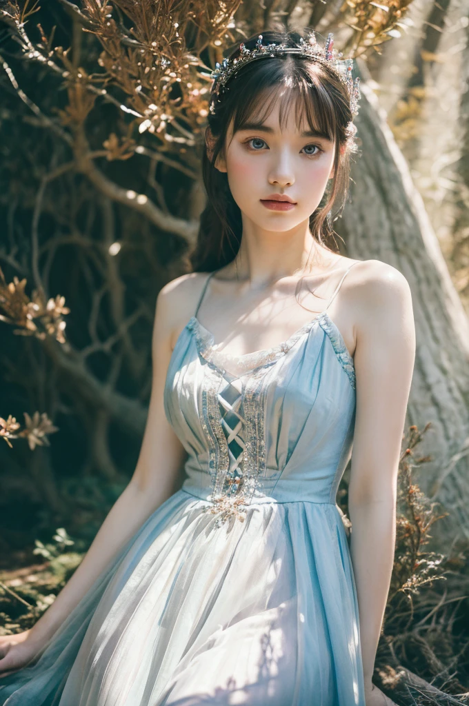 ( masterpiece, top quality, best quality,8k, girl,ultra detailed,raw photo:1.5),(photorealistic:1.4),(cinematic lighting), PerfectNwsjMajic, , Surrealism, UHD, ccurate, Super detail, textured skin, High detail, Best quality, dynamic angle, (high nose,White skin),[Beautiful blue eyes],[flat chest:large breasts:0.5],(1girl),(good anatomy:0.5)), of a woman in a dress with a Magic , ((a beautiful fantasy empress)), beautiful fantasy maiden, Dreamy atmosphere,mystical ambiance, Artistic interpretation,a whimsical illustration, Subtle colors and tones, mystical aura,portrait, bangs pinned back, sunshine, River , portrait