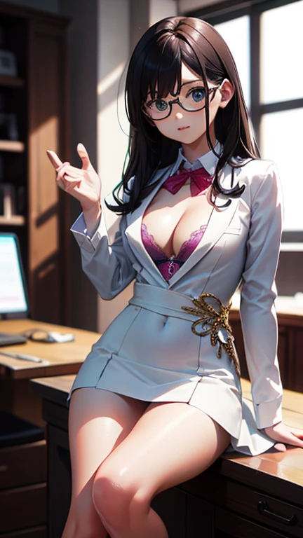 masterpiece, highest quality,健全なphotograph、 One girl, View your viewers, Small waist, RAWphotograph,Beautiful fingertips、 Ultra-realistic, High resolution, photograph, Sharp focus, Most detailed, Very detailed, Super detailed, In detail, Very detailed目と顔、Idol、Thighs, beautiful girl,View your viewers, Small waist,Symmetrical face, whole body、White suit、Micro Skirt、Skin-tight clothing、Cleavage、Large Breasts、Long Hair、はだけたThighs、Beautiful navel、美しいCleavage、The bouncing breasts、Glasses、White high heels、office、talk