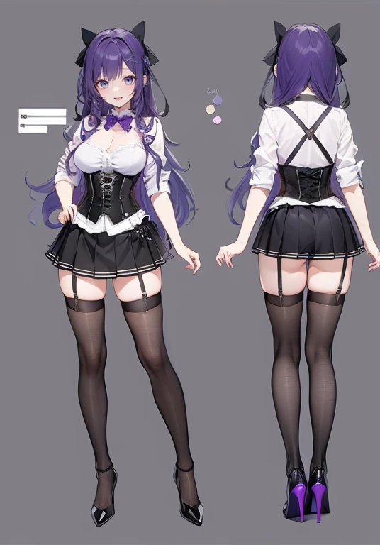 Purple hair,long hair,Adult female,(Bartender),((Body harness)),((Rolling up your sleeves shirt)),(Corset),(Tight skirt),((Garter belt)),(high heels),((Simple background)),Smile,((Full body)),((whole body)),Character Sheet,