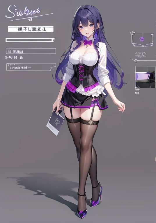 Purple hair,long hair,Adult female,(Bartender),((Body harness)),((Rolling up your sleeves shirt)),(Corset),(Tight skirt),((Garter belt)),(high heels),((Simple background)),Smile,((Full body)),((whole body)),Character Sheet,
