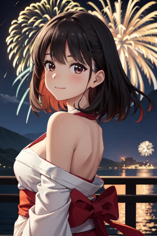 masterpiece, best quality, ultra detailed, highres, extremely detailed CG unity 8k wallpaper, perfect lighting, very detailed background, beautiful and aesthetic,sharp focus, perfect face, dynamic pose, dynamic angle,
1girl, upper body, (portrait:1.1), medium hair, black hair, multicolored yukata, kanzashi, looking at viewer, full-face blush, from side, from below, smile,
night, dark sky, misty lake, mountainous horizon, break,aerial fireworks, (Full of sky fireworks:1.1),
Shoulder Bare、Off the shoulder