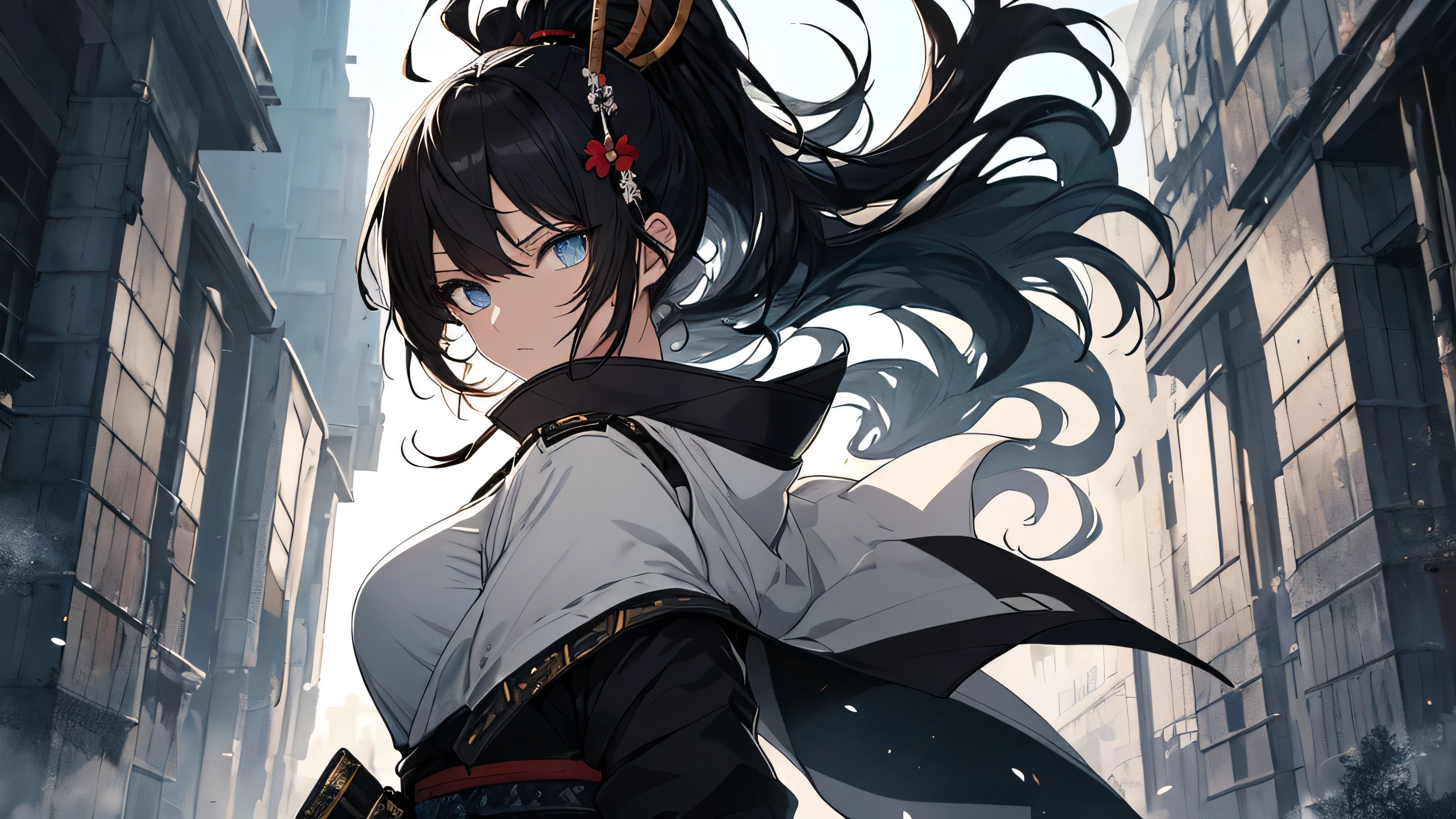 ponytail, Japanese Katana Sword、Samurai sword、Full body、White one-piece military uniform、 Jet black head of hair,(masutepiece:1.2, Best Quality), (finely detailed beautiful eye: 1.2), (Detailed background,Dark Fantasy), (beautifull detailed face), High contrast, (Best Illumination, extremely delicate and beautiful), ((Cinematic Light)), Colorful, Hyper Detail, Dramatic light, Intricate details,Very blue eyes, Shining eyes, long hair flowing with the wind、large full breasts、Belt under the chest、White military uniform, skirt by the, large full breasts, Long hair fluttering in the wind, swords, jet-black hair, Blue eyes, Black tie, Belt under the chest, Serious look,