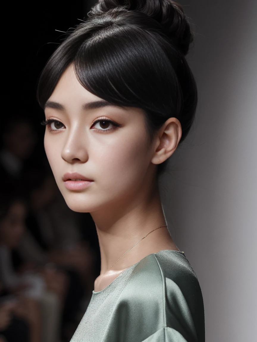 (8k, highest quality, ultra detailed:1.37), (Hana), 18yo, (a South Korean fashion model), struts confidently on the runway during a prestigious fashion week event. Dressed in a stunning designer ensemble, Hana's elegance and poise captivate the audience. The high-resolution image captures ultra-detailed realism, highlighting Hana's captivating eyes, flawless complexion, and fashionable hairstyle. The glamorous runway and stylish set design add to the visual appeal, creating a visually stunning representation of Hana's success in the fashion industry.