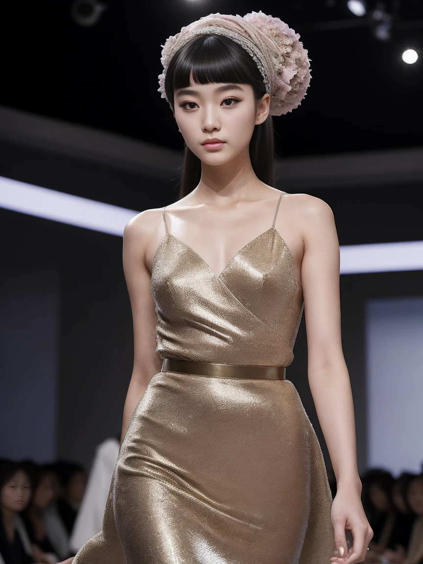 (8k, highest quality, ultra detailed:1.37), (Hana), 18yo, (a South Korean fashion model), struts confidently on the runway during a prestigious fashion week event. Dressed in a stunning designer ensemble, Hana's elegance and poise captivate the audience. The high-resolution image captures ultra-detailed realism, highlighting Hana's captivating eyes, flawless complexion, and fashionable hairstyle. The glamorous runway and stylish set design add to the visual appeal, creating a visually stunning representation of Hana's success in the fashion industry.