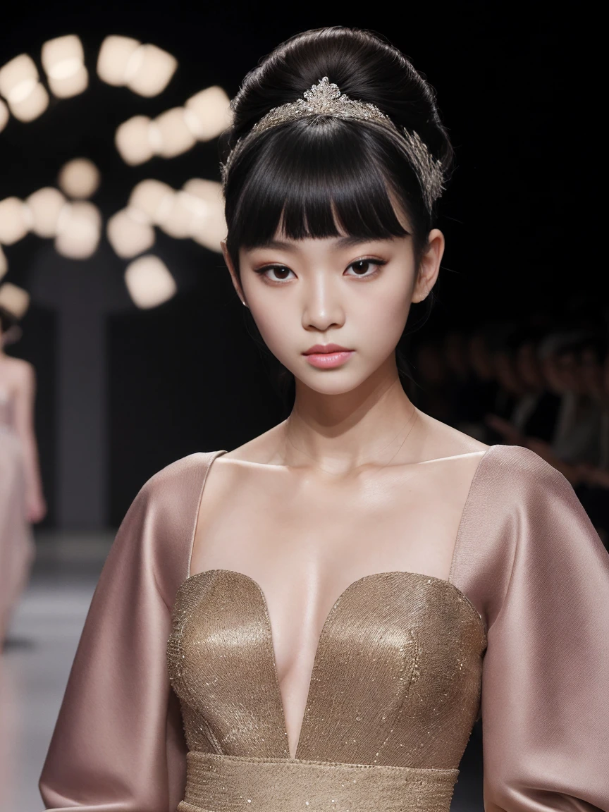 (8k, highest quality, ultra detailed:1.37), (Hana), 18yo, (a South Korean fashion model), struts confidently on the runway during a prestigious fashion week event. Dressed in a stunning designer ensemble, Hana's elegance and poise captivate the audience. The high-resolution image captures ultra-detailed realism, highlighting Hana's captivating eyes, flawless complexion, and fashionable hairstyle. The glamorous runway and stylish set design add to the visual appeal, creating a visually stunning representation of Hana's success in the fashion industry.