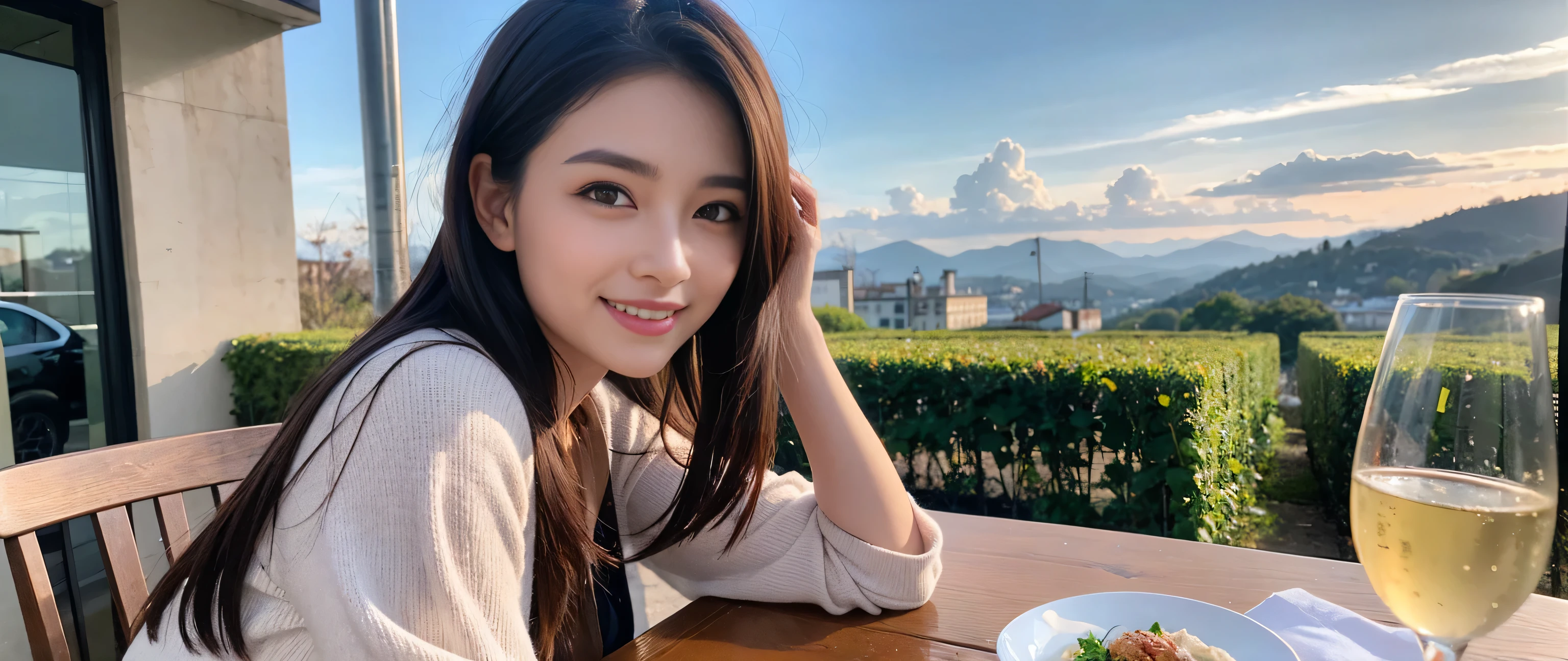 ((highest quality、8k、masterpiece:1.3))、Beautiful woman perfect body:1.4、2 women、Slim body、((Bob Hale、Straight hair:1.2))、 Ultra-high resolution, Bright image、2. The beauty of wine, Beautiful Face, blue eyes, Beautiful Eyes, The light shines on your face, Blushing your nose, short hair,Amazing view of the sunset sky and clouds、Amazing mountain views、A bright smile、A lovely woman with a smile、Bright Face、Fox face、Lady、Champagne、Wine bottle、wine glass、red wine 、Appetizers、Italian food、Two beauties、Brown Hair、Shortcuts、Long sleeve shirt、Winter Fashion、dress、Wine bottle、sparkling wine、Pretty Woman 1, (Slim face), (Brown Hair), (Shortcuts), cheeks turn a little red, (36 years old), 39 years old, Attractive beauty、restaurant, Nova Frog Style, actress, model, Upper Body, White wine, slim, wine glass, A wine glass placed in the middle, smile, (smile: 1.15), Beautiful Eyes, Strong light and shadow,Moist Body:1.5、Delicate eyes、Brown Hair、The hair is very shiny、