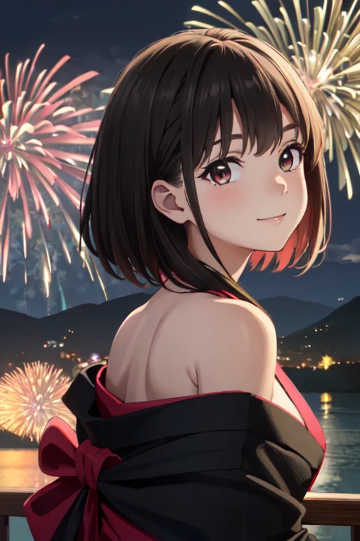 masterpiece, best quality, ultra detailed, highres, extremely detailed CG unity 8k wallpaper, perfect lighting, very detailed background, beautiful and aesthetic,sharp focus, perfect face, dynamic pose, dynamic angle,
1girl, upper body, (portrait:1.1), medium hair, black hair, multicolored yukata, kanzashi, looking at viewer, full-face blush, from side, from below, smile,
night, dark sky, misty lake, mountainous horizon, break,aerial fireworks, (Full of sky fireworks:1.1),
Shoulder Bare、Off the shoulder