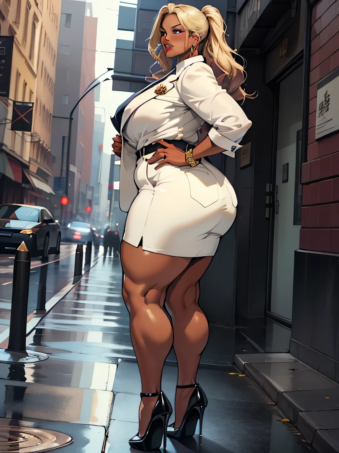 Detailed CG artwork, (highest quality, Exquisite details, An absolute masterpiece), (Head to toe images)), ((Full body image)),(Plus Size Model)),(White business casual suit,Pencil Skirt), (((Dark mahogany skin))),(((Light blonde))), (alone,Beautiful mahogany black skin、White business casual suit),be familiar with beautiful mature face, Highly detailed beautiful face and eyes, (be familiar with, Fascinating, And clear eyes), (Plump, glossy purple lips)),((High heels)),(purple eye shadow), blush, (sadistic Fascinating smile), (Curvaceous), ( Incredibly large and curvaceous hips), (Very huge voluptuous ass), (Huge thick thighs), (Glowing Skin), (Wet oily skin), jewelry, bracelet, Hoop Earrings