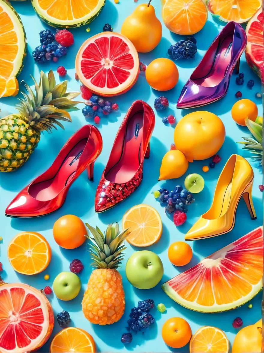 creative avant-garde fashionable high-heeled shoes inspired by fruits , material used is colored acrylic, rreallistic, Ultrasharp photography, hd wallpaper, low depth of field photography, bokeh effect