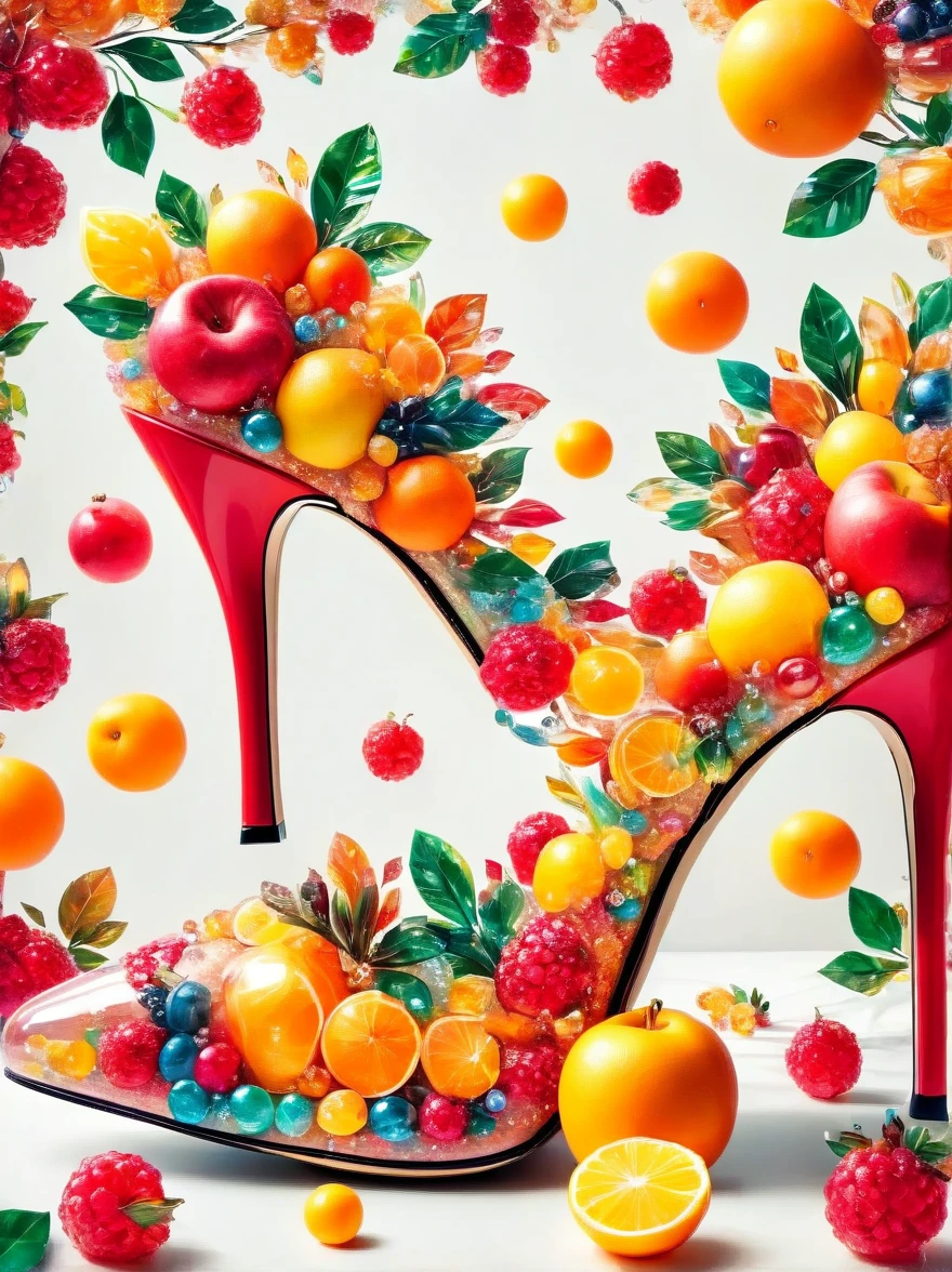 creative avant-garde fashionable high-heeled shoes inspired by fruits , material used is colored acrylic, rreallistic, Ultrasharp photography, hd wallpaper, low depth of field photography, bokeh effect