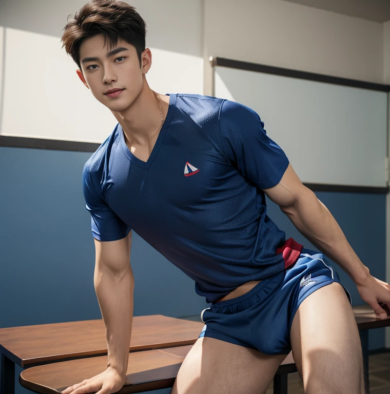 1 handsome Japanese guy, manly,super realistic, tall, 20 years old,strong sport body, sexy pose, detailed muscles, Who is Shi Yu?, Li Yuanbin, Kim Hyung Tae, Kim Hyung Tae,,Kim Hyung Tae, Yin Shishan, man wearing a open blue shirt and shorts, naked chest, big chest abs, navy blue, navy blue, Sports T-shirt, blue, super tiny sportswear, loincloth, Gorgeous dark blue clothes,, short sleeves, red brocade dark blue clothes, Tennis wear, Wearing transparent sportswear, big bulge, nice bulge shape,big juicy butts, bare butts, Dark blue decorative clothing,male,male,Highest resolution,Muscles look good,hairy body,Wheat complexion,blue eyes(thin eyes 1:3),whole body image, class room background, full detailed background, beautyfull clear light, look at the viewer , catching eyes, smirt smile,