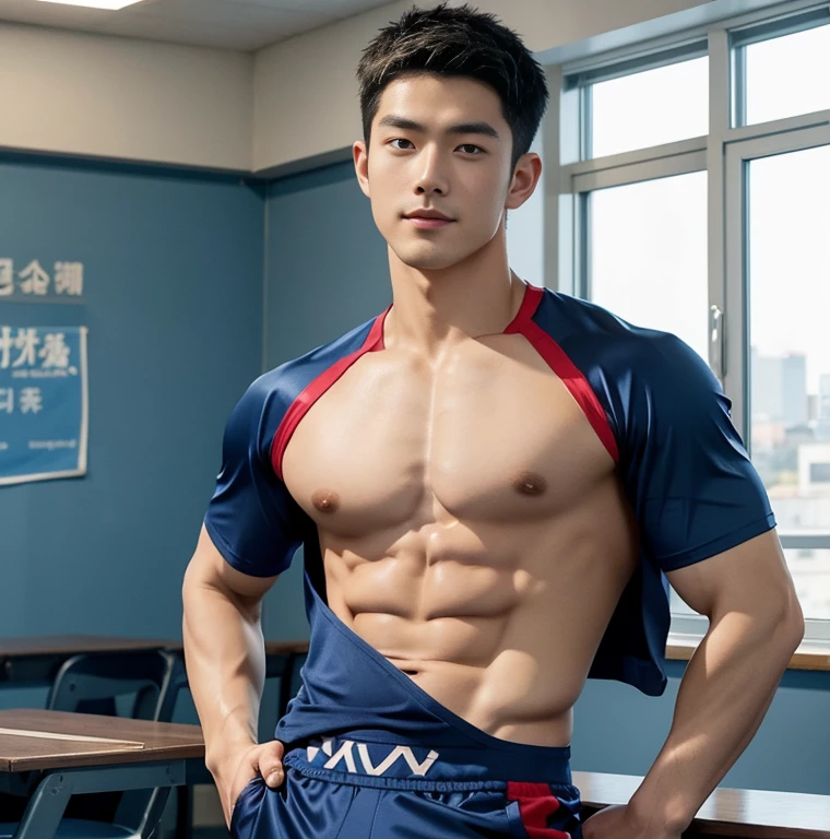 1 handsome Japanese guy, manly，super realistic, tall, 20 years old，strong sport body, sexy pose, detailed muscles, Who is Shi Yu?, Li Yuanbin, Kim Hyung Tae, Kim Hyung Tae,,Kim Hyung Tae, Yin Shishan,  man wearing a open blue shirt and shorts, naked chest, big chest abs, navy blue, navy blue, Sports T-shirt, blue, super tiny sportswear, loincloth, Gorgeous dark blue clothes,, short sleeves, red brocade dark blue clothes, Tennis wear, Wearing transparent sportswear, big bulge, nice bulge shape,big juicy butts,  bare butts, Dark blue decorative clothing，male，male，Highest resolution，Muscles look good，hairy body，Wheat complexion，blue eyes（thin eyes 1：3），whole body image, class room background, full  detailed background, beautyfull clear light, look at the viewer , catching eyes, smirt smile, 