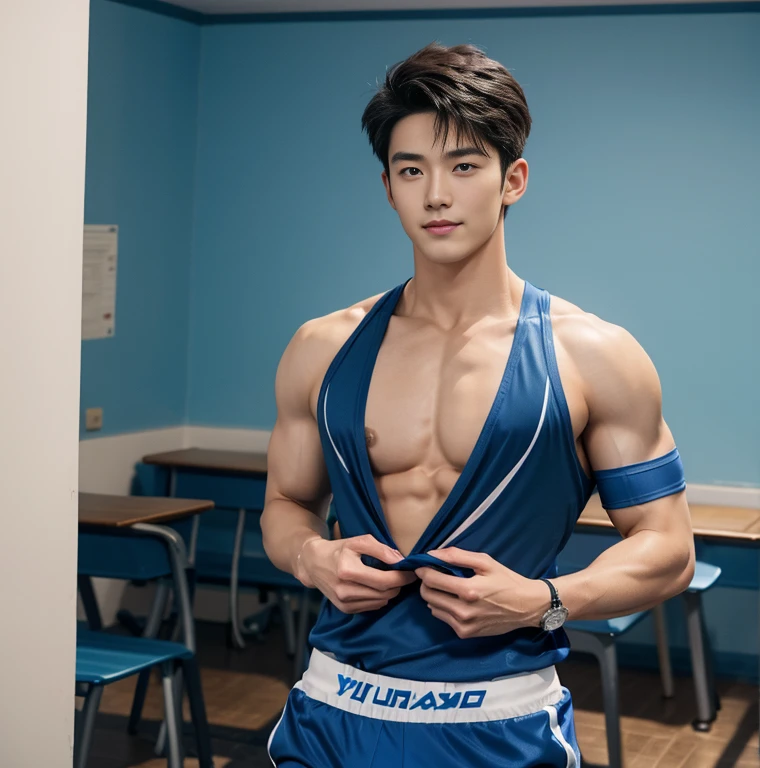 1 handsome Japanese guy, manly，super realistic, tall, 20 years old，strong sport body, sexy pose, detailed muscles, Who is Shi Yu?, Li Yuanbin, Kim Hyung Tae, Kim Hyung Tae,,Kim Hyung Tae, Yin Shishan,  man wearing a open blue shirt and shorts, naked chest, big chest abs, navy blue, navy blue, Sports T-shirt, blue, super tiny sportswear, loincloth, Gorgeous dark blue clothes,, short sleeves, red brocade dark blue clothes, Tennis wear, Wearing transparent sportswear, big bulge, nice bulge shape,big juicy butts,  bare butts, Dark blue decorative clothing，male，male，Highest resolution，Muscles look good，hairy body，Wheat complexion，blue eyes（thin eyes 1：3），whole body image, class room background, full  detailed background, beautyfull clear light, look at the viewer , catching eyes, smirt smile, 