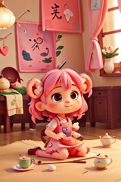 , cute, Guangdong morning tea, shrimp dumplings, shrimp, wearing an apron, holding a spatula in hand, light pink hair, IP, blind box, sitting posture, looking happy