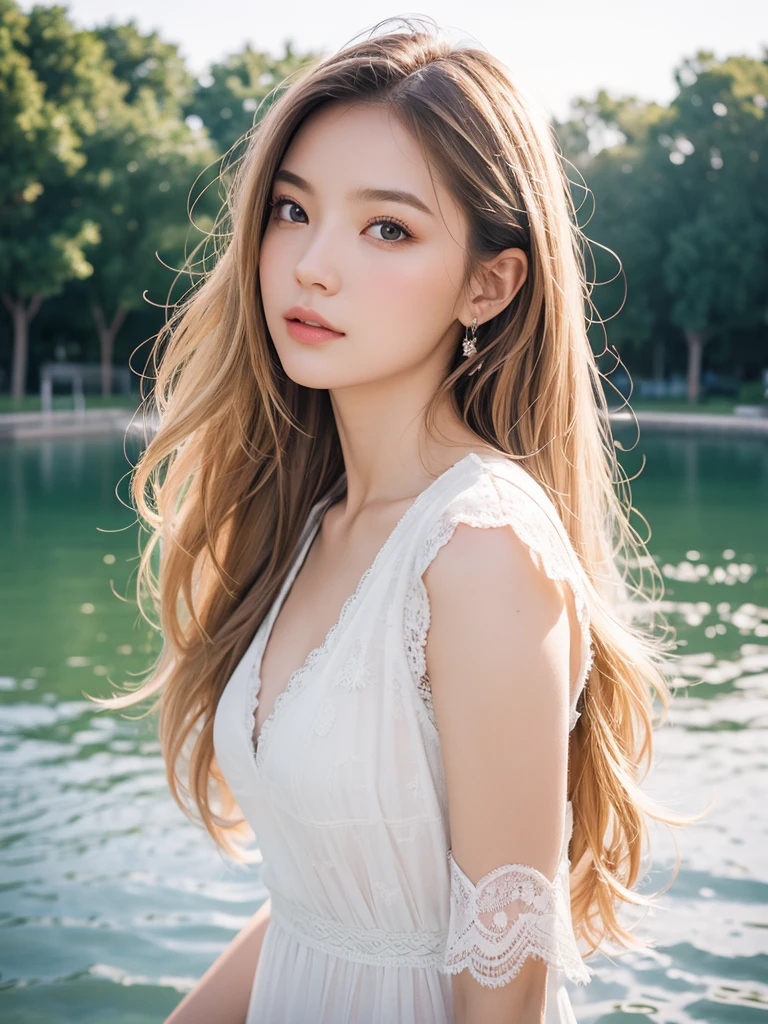 best qualtiy, masterpiece, (realistic:1.6), raw photograph, 1girl, portrait, white lace trim dress, view from side, deep shading, low tune, soft light, looking to the front, sexy pose, long blonde hair, outdoor,water park background, evening time, rim light,