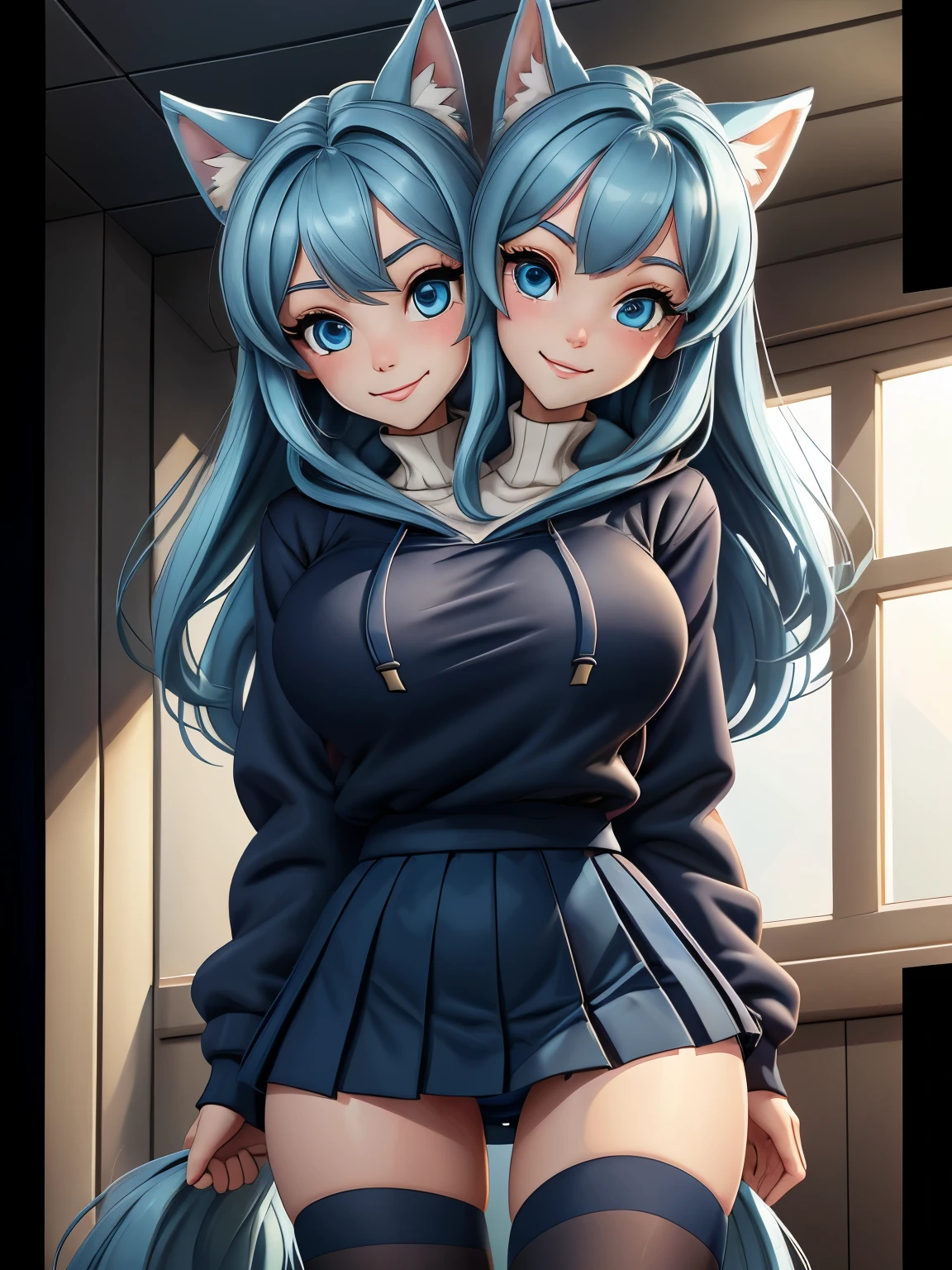 (Masterpiece) (High Detail) (High Res) A close up of short skinny humanoid girl with pale human skin and blue eyes and long blue hair and blue dog ears and a big fluffy dog tail and average bust. British face. She is smiling and is wearing an oversized navy hoodie and a navy pleated skirt and thigh-high stockings. (two heads)