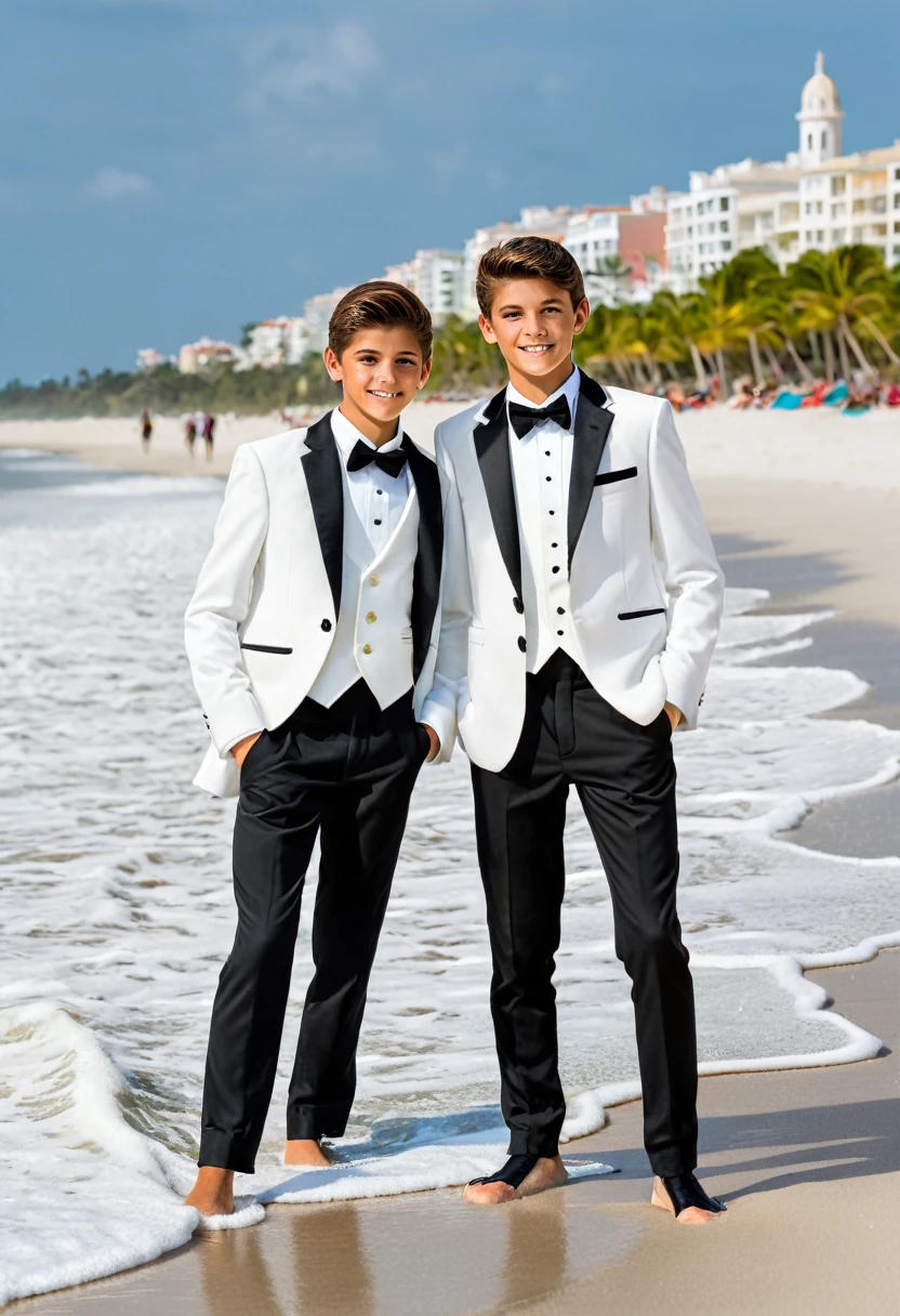 Beautiful and realistic 14 year old boys in tuxedos on the beach, caras ultra detalladas, Red de voleibol en segundo plano., fotorrealista mejor calidad Imgen, EOS R7 mirrorless camera + Objetivo RF-S 18-150mm F3.5-6.3 IS STM de Canon