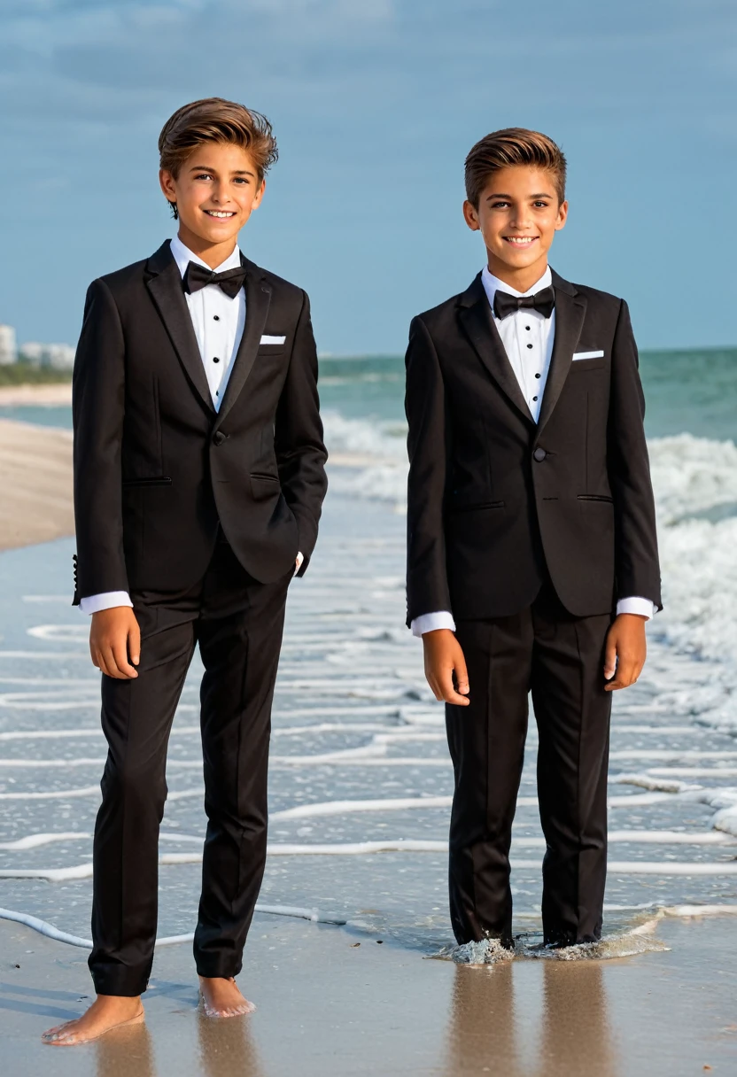 Beautiful and realistic 14 year old boys in tuxedos on the beach, caras ultra detalladas, Red de voleibol en segundo plano., fotorrealista mejor calidad Imgen, EOS R7 mirrorless camera + Objetivo RF-S 18-150mm F3.5-6.3 IS STM de Canon