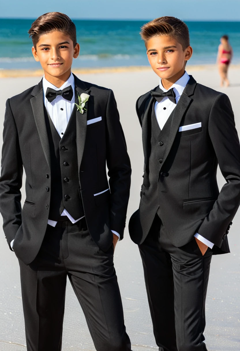 Beautiful and realistic 14 year old boys in tuxedos on the beach, caras ultra detalladas, Red de voleibol en segundo plano., fotorrealista mejor calidad Imgen, EOS R7 mirrorless camera + Objetivo RF-S 18-150mm F3.5-6.3 IS STM de Canon