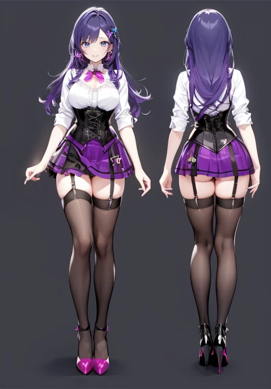 Purple hair,long hair,Adult female,(Bartender),((Body harness)),((Rolling up your sleeves shirt)),(Corset),(Tight skirt),((Garter belt)),(high heels),((Simple background)),Smile,((Full body)),((whole body)),Character Sheet,