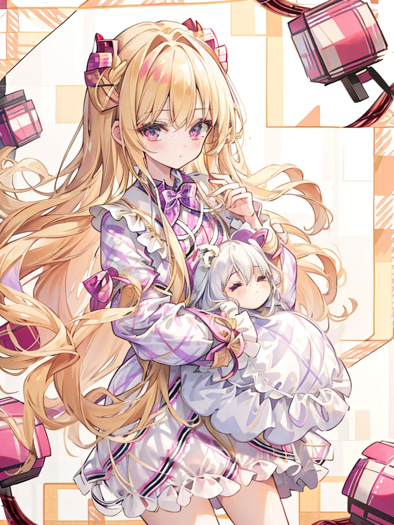 girl,light golden hair,long hair with curls,BREAK//(double sleeve long sleeve),((clothes with lots of frills)),(Shiny cute loafer shoes),((BREAK//)),((plaid patterned background:1.6)),close up of face,(holding a stuffed rabbit)