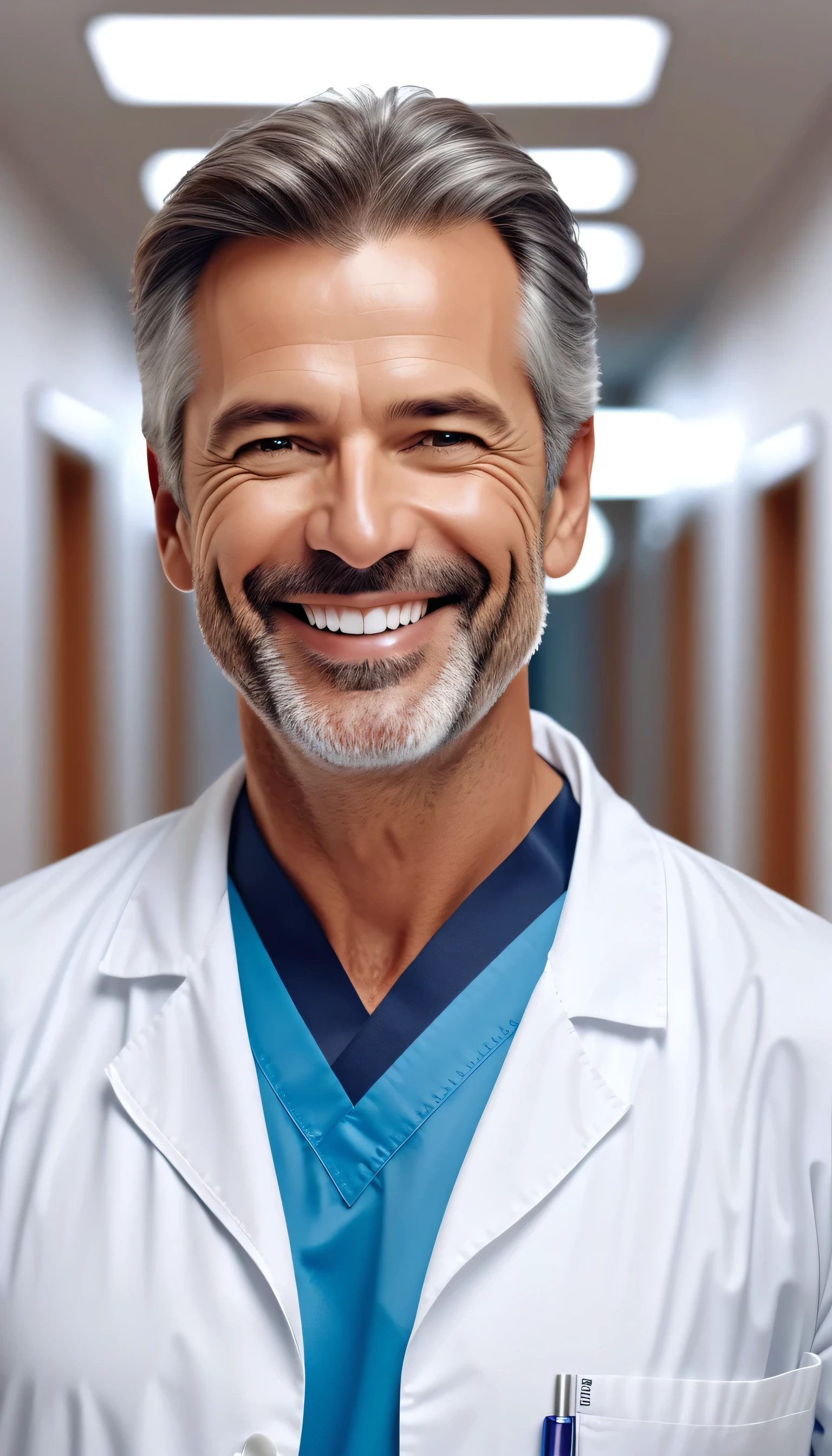 Top Quality, Masterpiece, close up portrait shot of middle aged doctor standing and smiling in hospital corridor, smile expressions(Photorealistic Photos:1.3), (High Detail Skin:1.2), 8K UHD, DSLR, High Quality, High Definition, 4K, 8K, (Real: 1.3)