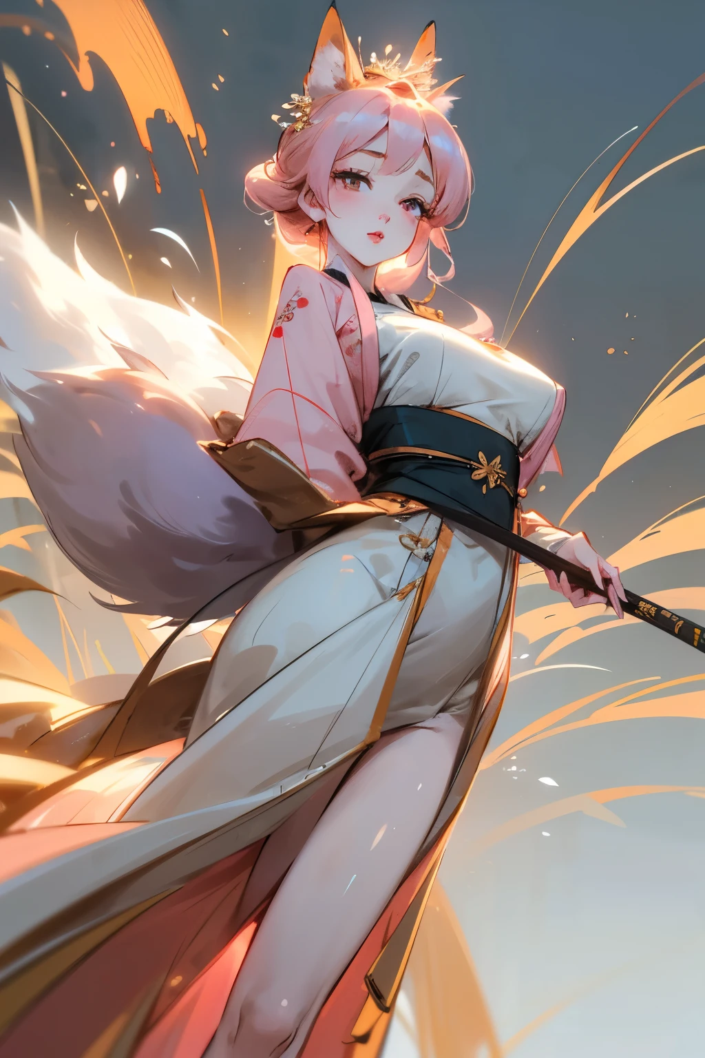 Fox human sister, Japanese dress with open chest, Western dress with short hem, wide eyes, detailed beautiful face, light pink lipstick, big and bushy tail, big breasts, beautiful thighs, masterpiece, super S High resolution, dynamic, many perennial pampas grasses sway